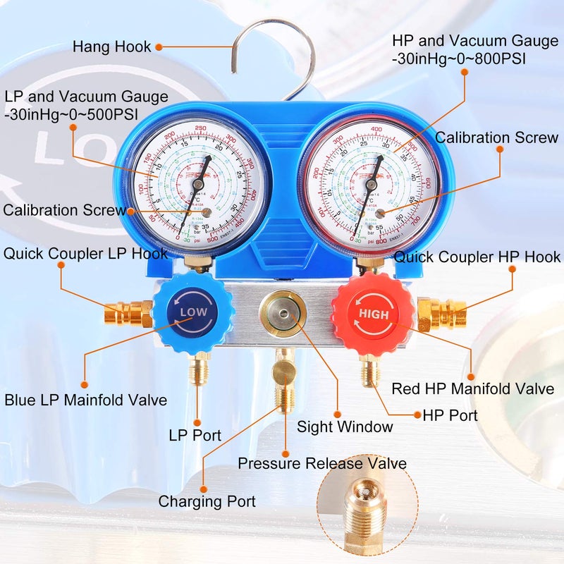 JIFETOR 3 Way AC Manifold Gauge Set, HVAC Diagnostic Refrigerant Charging Tool for Auto Household R134A R404A R410A Refrigerant, with 5FT Hose, Adjustable Quick Coupler, Can Tap and R410A Adapter - Image 3